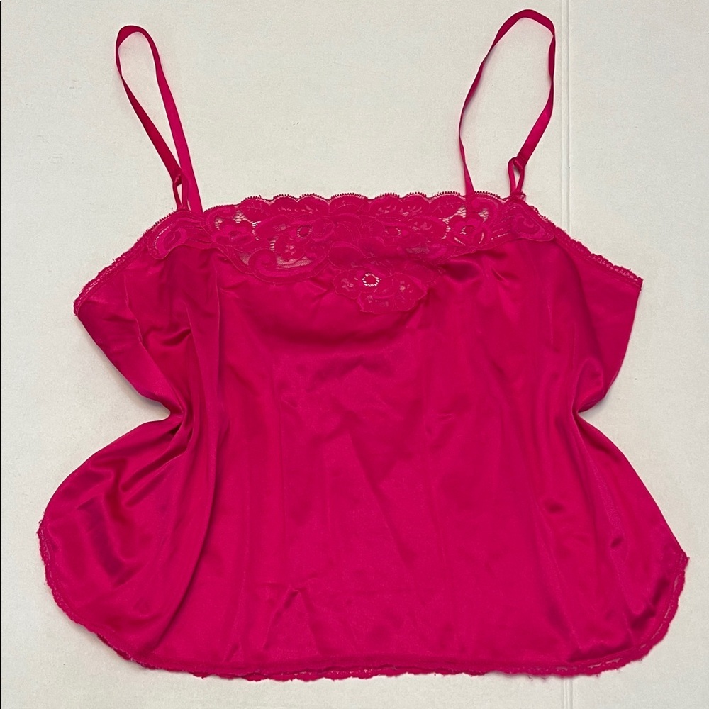 VINTAGE 70’s/80’s VANITY FAIR PINK CAMI TOP BRIGHT PINK WITH LACE TRIM